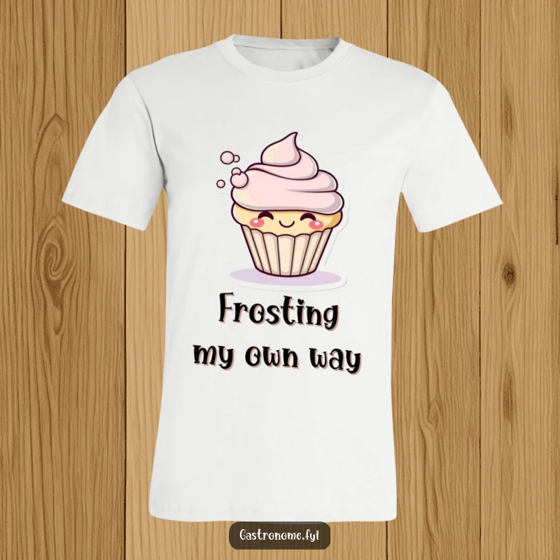 Funny t-shirt featuring a smiling cupcake character dramatically blowing a small puff of frosting, showcasing a whimsical, sweet design.