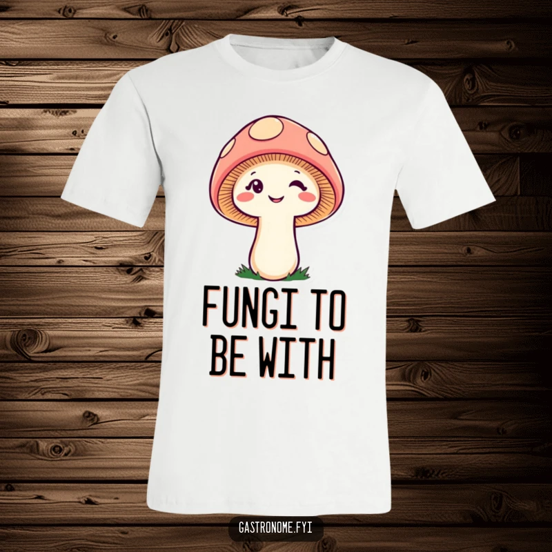 Funny cheeky mushroom t-shirt, a smiling, winking fungi character making a playful and humorous fashion statement.