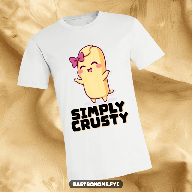 Funny t-shirt showing a cheerful baguette character performing a dramatic bow with a flourish, capturing theatrical presentation.