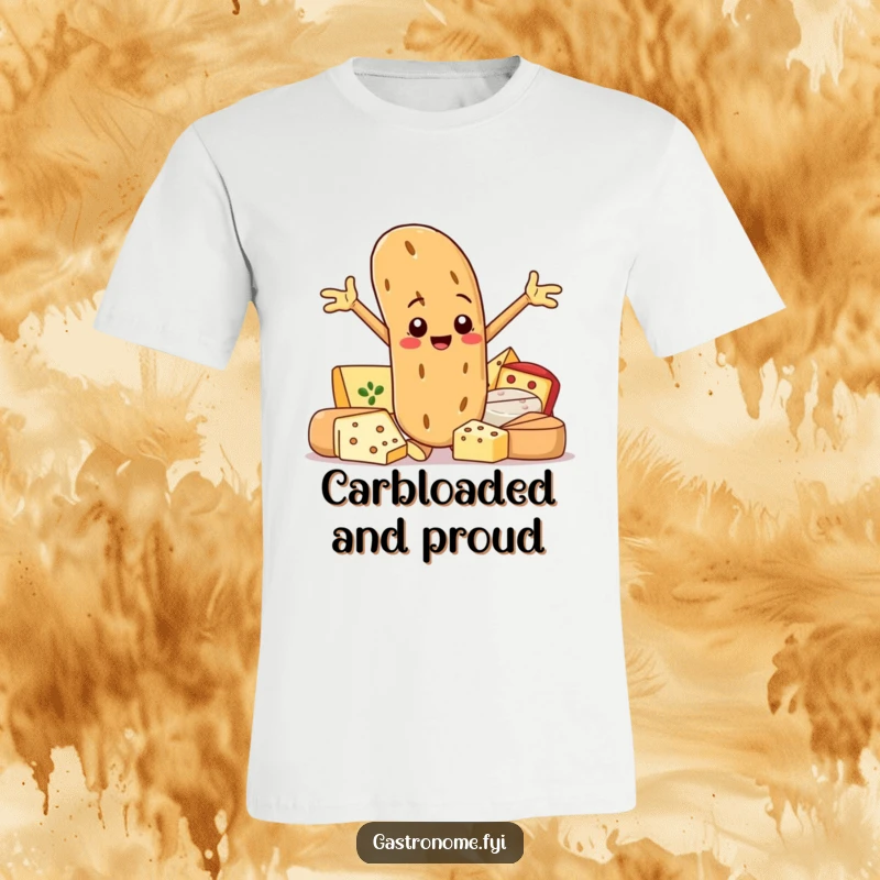 Funny t-shirt with a smiling baguette character posing proudly with gourmet cheeses, expressing love for delicious food.