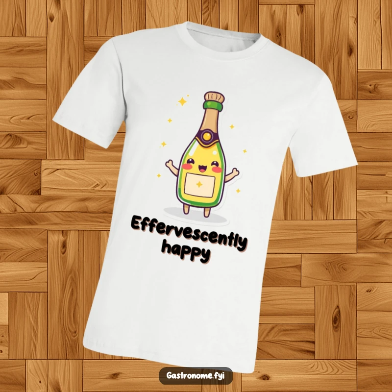 Funny t-shirt showcasing a beaming champagne bottle character, sparkling with infectious joy and ready to celebrate any occasion.
