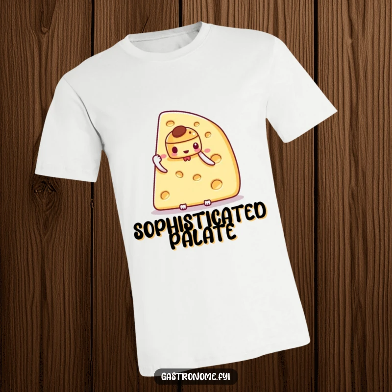 Funny t-shirt with a proud cheese wedge character presenting a tiny, exquisite pastry, highlighting gourmet tastes and humor.