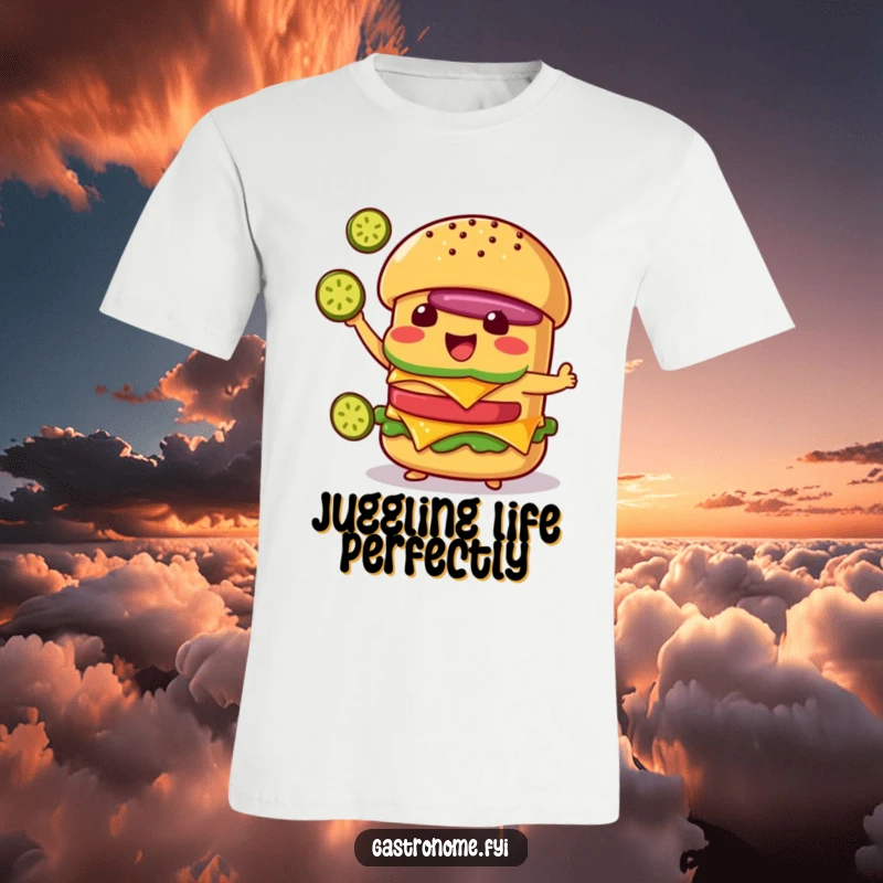 Funny Cheeseburger T-Shirt: Delighted Character Juggling Pickle Slices, Humorous Foodie Apparel