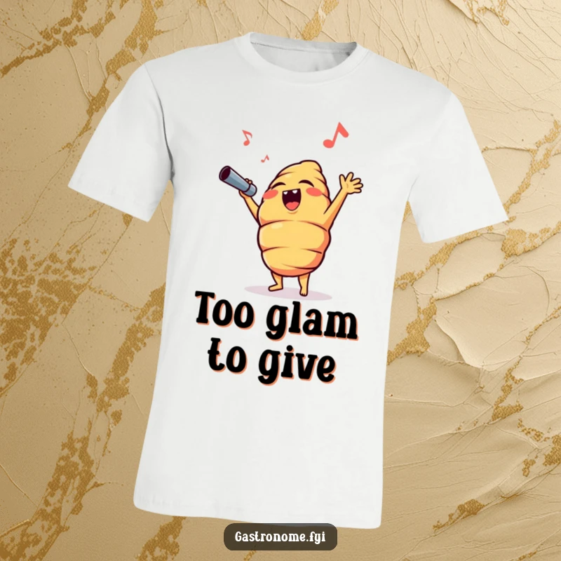 Funny anthropomorphic croissant character belting out an opera high note, printed on a comfortable t-shirt, great gift.
