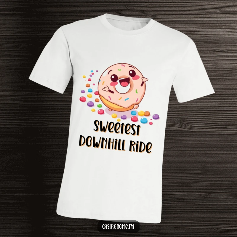 Funny t-shirt featuring a joyful donut character rolling downhill, leaving a trail of colorful candies, a celebration of sweet fun.