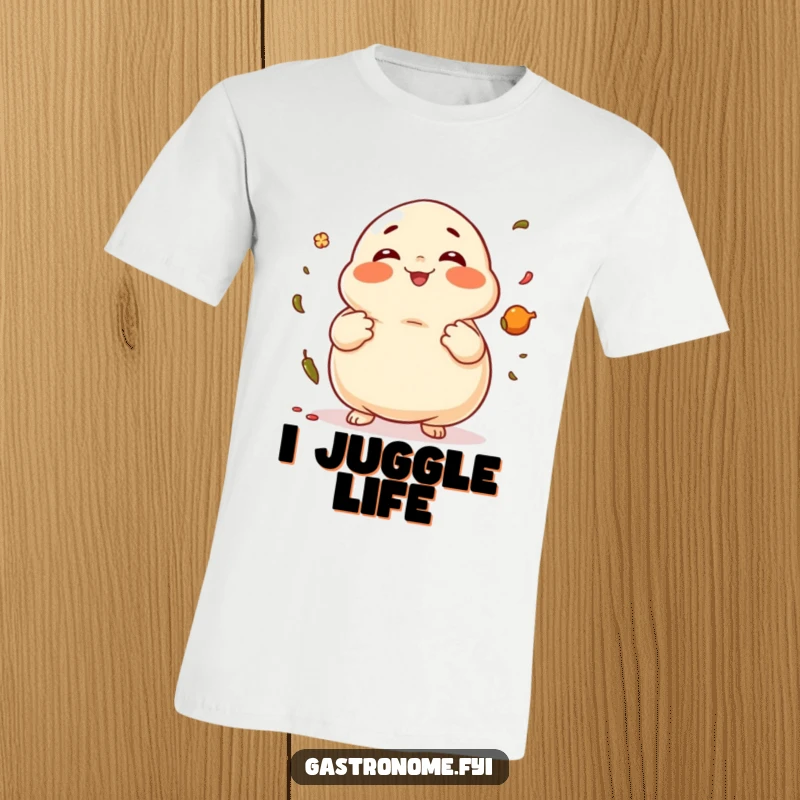 Funny Dumpling T-Shirt showcasing a giggling dumpling character juggling spices, a playful food design.