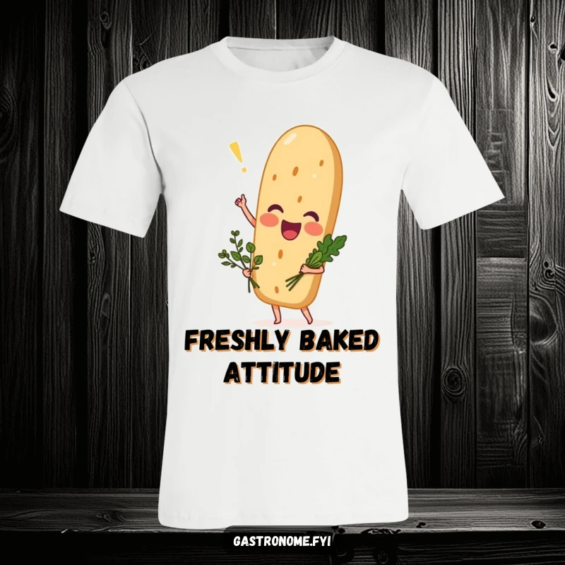 Funny excited baguette t-shirt with a small bouquet of herbs, delightful bread character making a cheerful, humorous fashion statement.