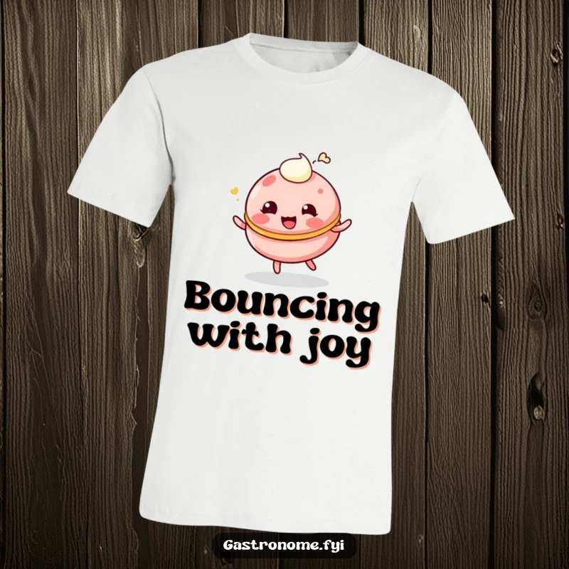 Funny t-shirt with a giggling, playfully bouncing macaroon character and a cream dollop, ideal for fun apparel.