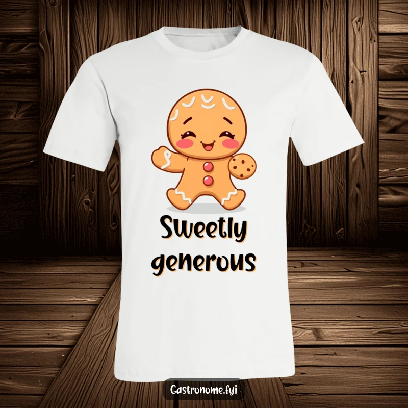 Funny t-shirt with a giggling gingerbread man offering a small cookie, perfect for holiday celebrations and friendly gestures.