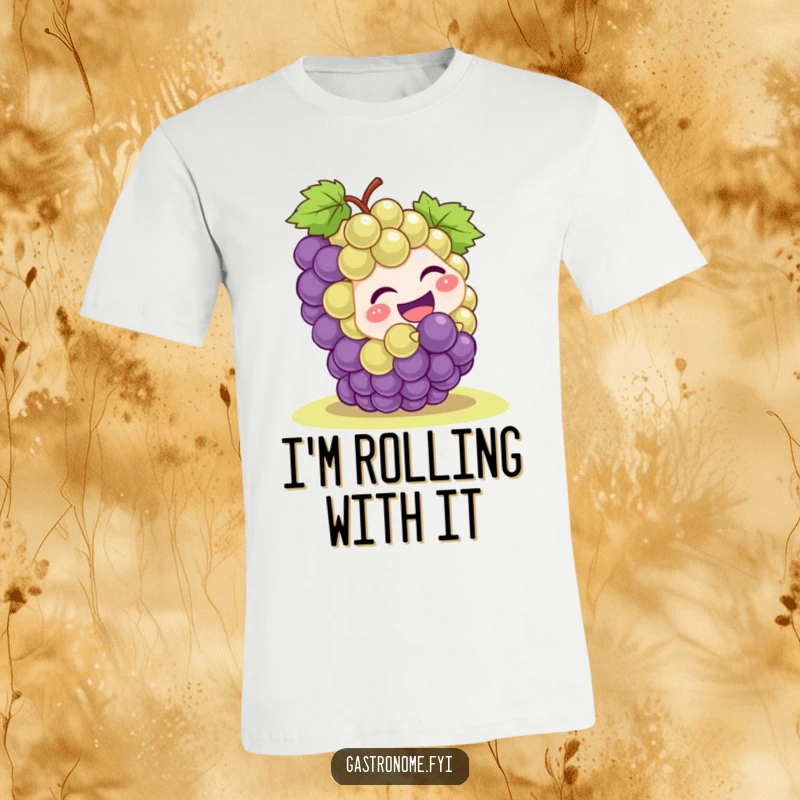 Funny grape cluster character caught in a moment of pure mirth, comically rolling downhill with glee, making this a vibrant and humorous t-shirt design.