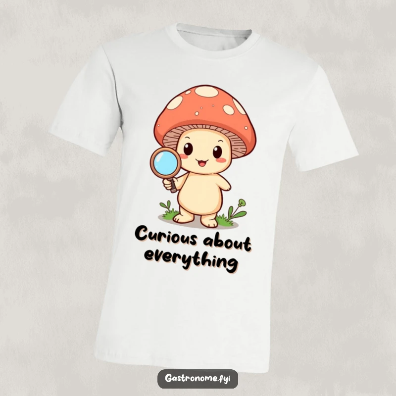 Funny happy mushroom character holding a small magnifying glass, a curious design on a t-shirt. Fun gift idea.