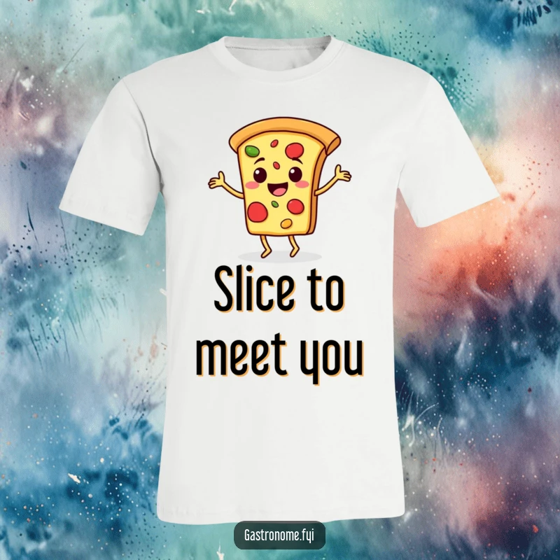 Funny t-shirt with a vibrant pizza slice character joyfully performing a happy jig, radiating delicious energy and cheesy fun.