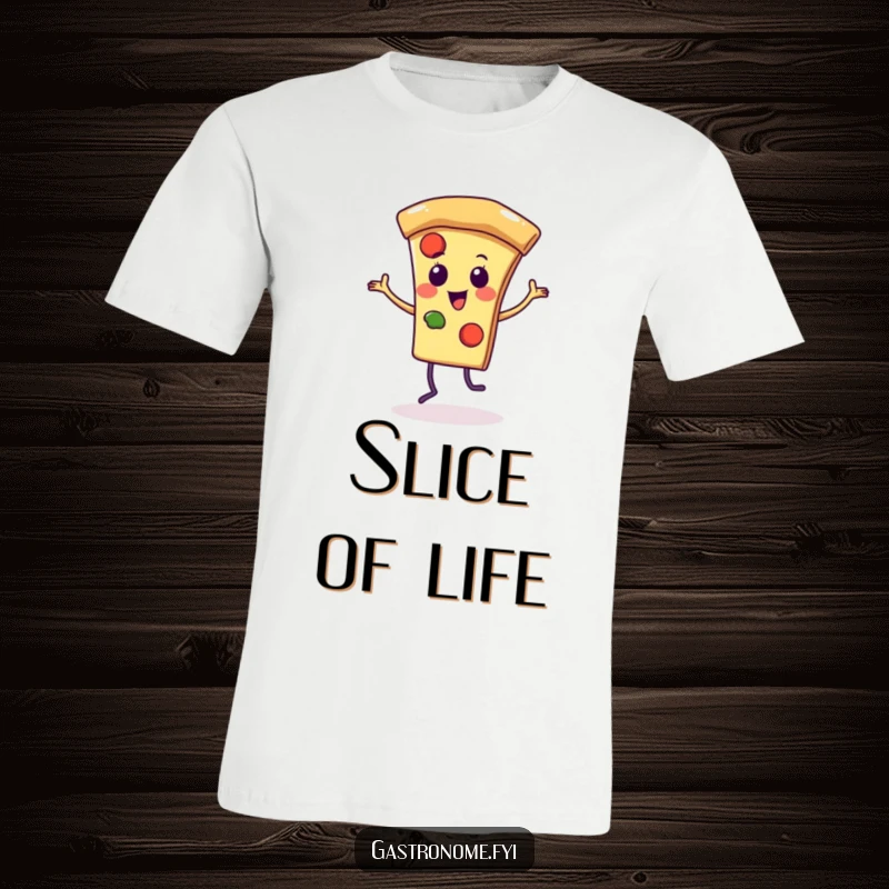 Funny t-shirt depicting a vibrant pizza slice character doing a happy dance, perfect for food lovers and those who enjoy fun.