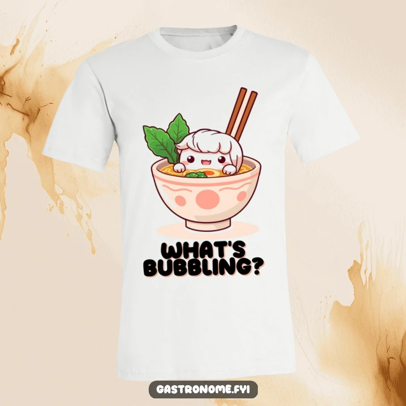 Funny T-Shirt: A curious ramen bowl character peeks over its broth-filled edge, showcasing a funny, inquisitive noodle-lover.