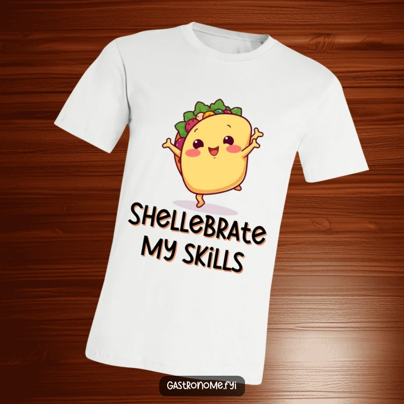 Funny t-shirt: A smiling taco with minuscule arms executing a cartwheel with pure delight, a culinary and athletic marvel.