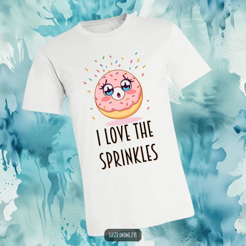 Funny t-shirt with a surprised donut character looking wide-eyed at an endless cascade of colorful sprinkles.