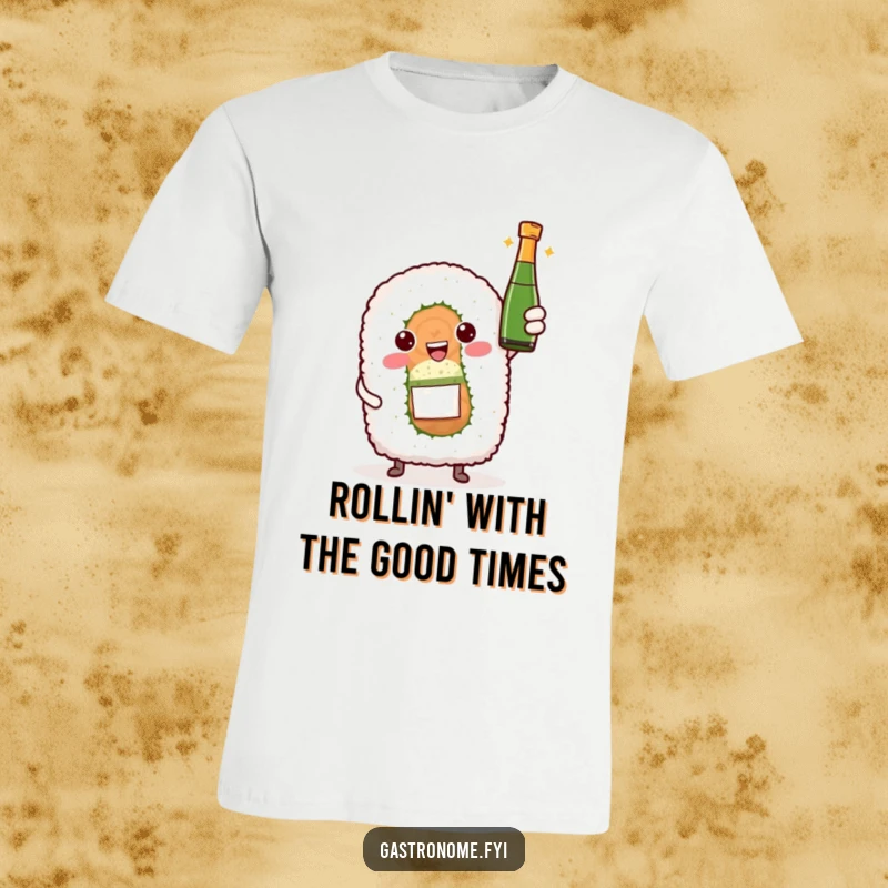 Funny t-shirt featuring a proud sushi roll character presenting a tiny bottle of sparkling wine, celebrating good times.
