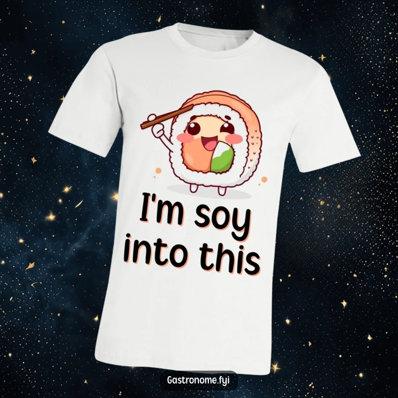 Funny T-Shirt showcasing a joyful sushi roll character enthusiastically gesturing with chopsticks. A must-have for sushi and humor enthusiasts.
