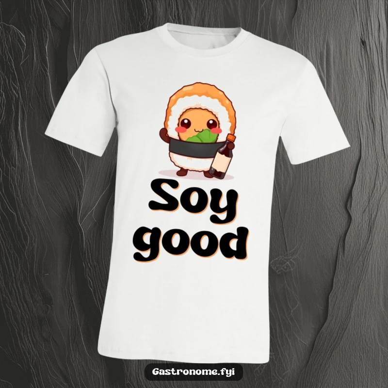 Funny t-shirt showcasing a proud sushi roll character posing stylishly with a miniature soy sauce bottle, full of personality.