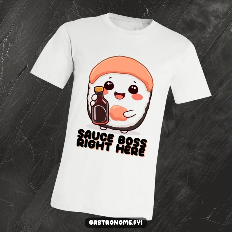 Funny t-shirt depicting a contented sushi character beaming happily while holding a miniature soy sauce bottle, celebrating sushi.