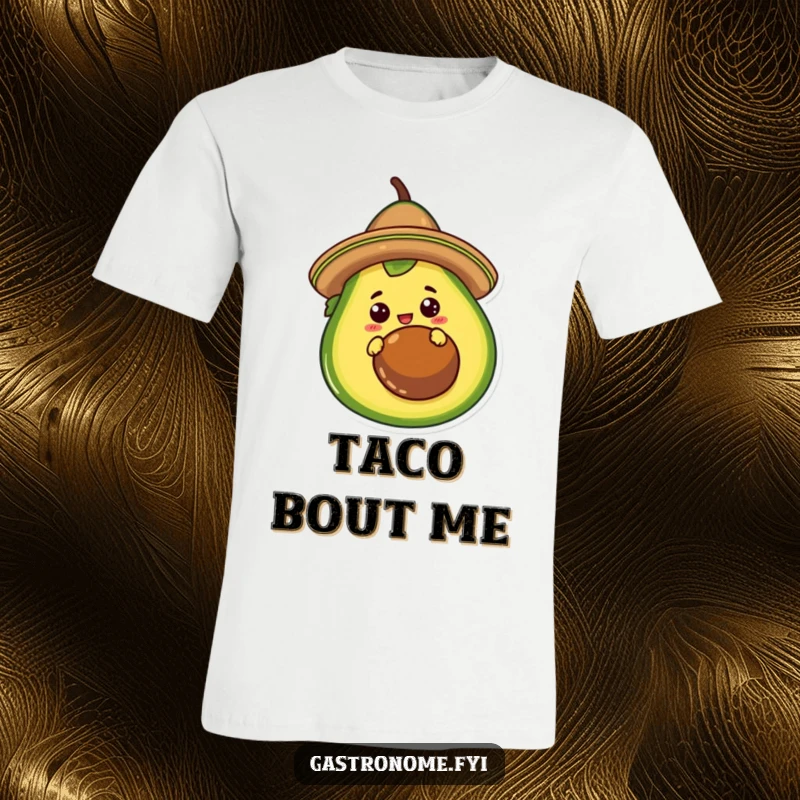 Funny T-Shirt with a curious taco character in a sombrero, peeking from behind a giant avocado. Playful and humorous apparel.