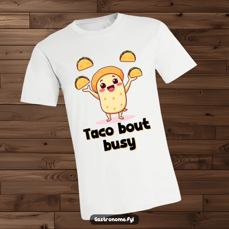 Funny t-shirt depicting a cheerful taco character in mid-air, skillfully juggling multiple mini tacos, celebrating taco Tuesday.