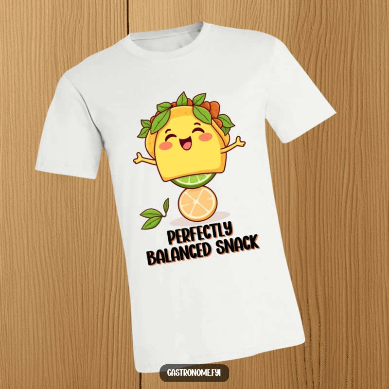Funny thrilled taco character expertly balancing a miniature lime, an energetic design on a t-shirt. Fun gift idea.