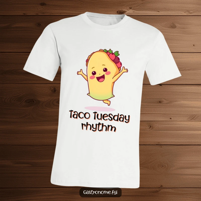 Funny taco t-shirt, beaming with joy, performing a lively salsa dance, celebrating food and fun in a humorous design.