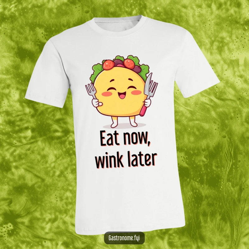 Funny Taco T-Shirt with a winking taco character holding cutlery, perfect for foodies.