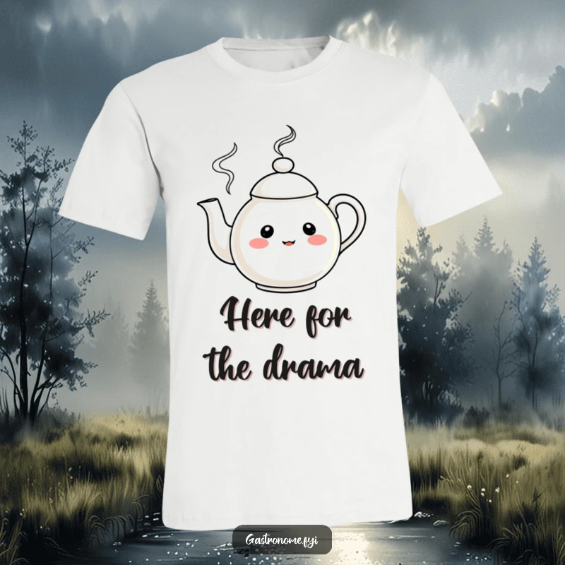 Funny T-Shirt showcasing a curious teapot character with merrily swirling steam, a delightful and humorous wearable item.