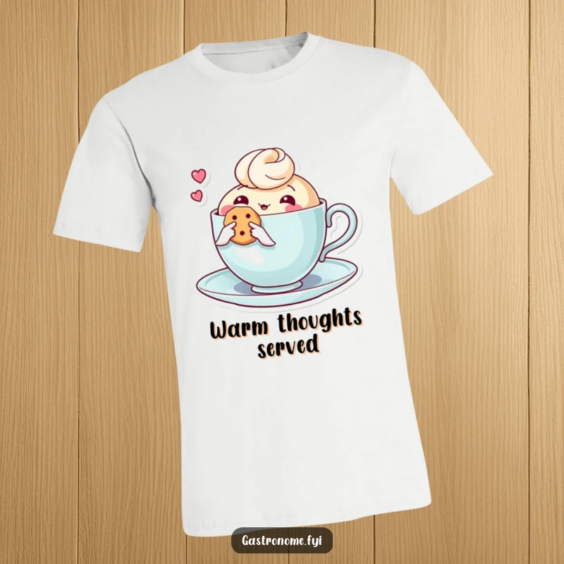 Funny t-shirt showcasing a thoughtful teacup character holding a small biscuit, radiating quiet contemplation and sweet, humorous charm.