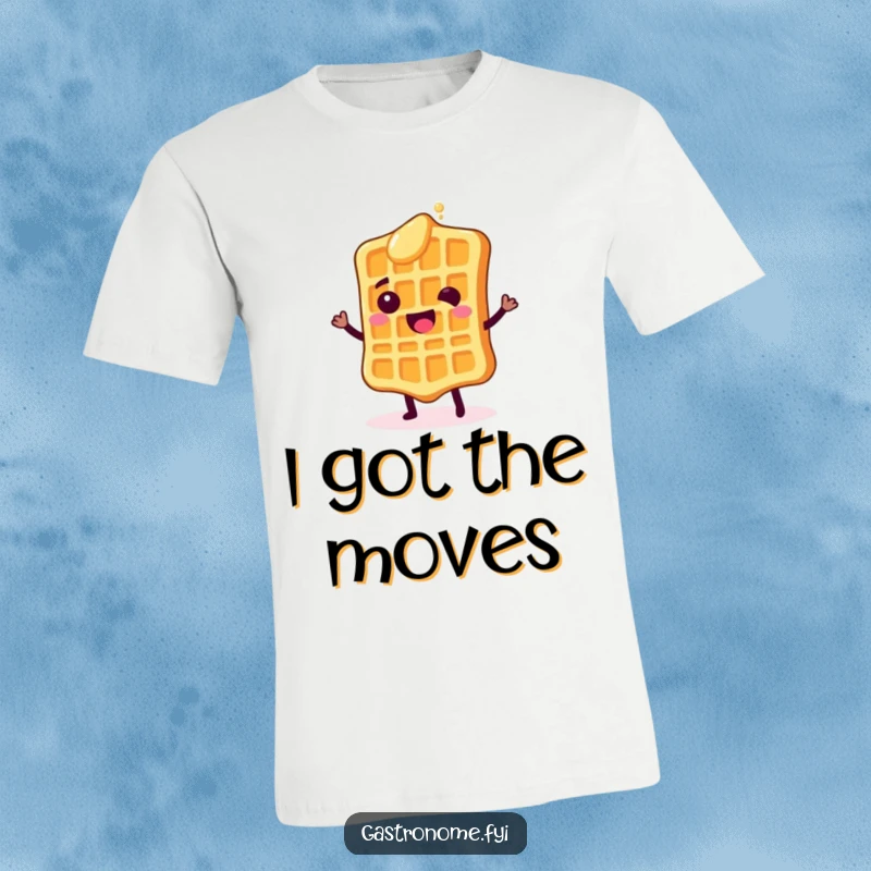 Funny t-shirt of a cheerful waffle character performing a joyous shimmy with little syrup droplets, embodying pure breakfast happiness.