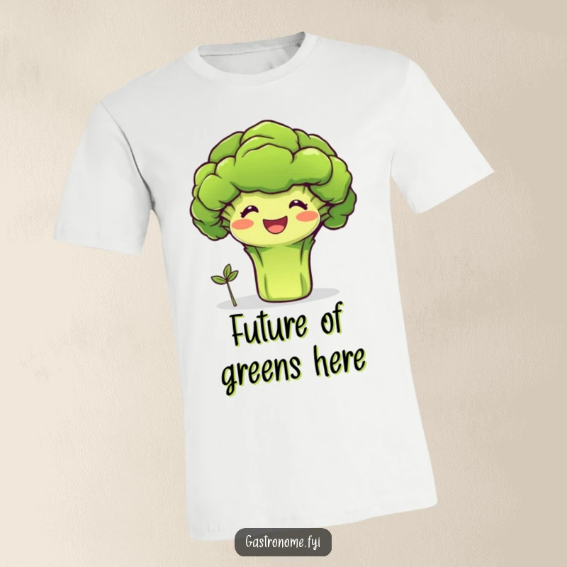 Funny t-shirt with a beaming broccoli character proudly presenting a tiny sprout, a celebration of healthy eating and humor.