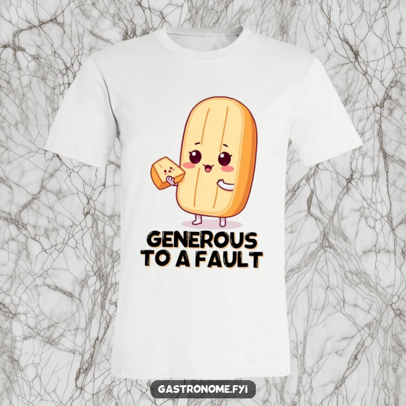 Funny T-Shirt: A proud baguette character generously offers a small, perfect slice of bread, depicting a funny act of sharing.