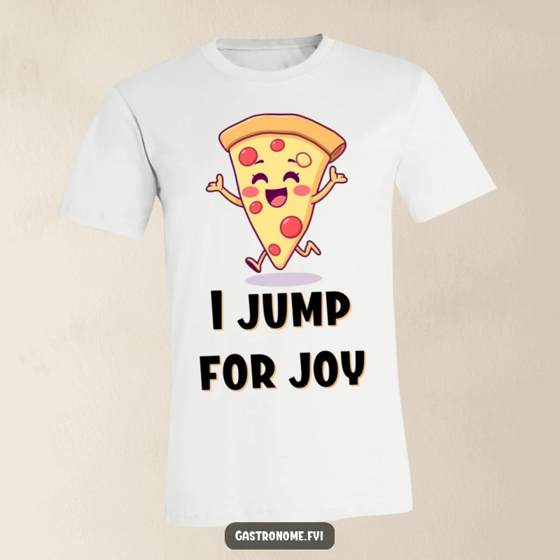 Funny pizza slice t-shirt, smiling brightly, performing a playful little hop, celebrating the joy of pizza with cheerful humor.