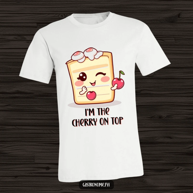 Funny t-shirt showcasing a delighted cake slice character winking and holding a small cherry, perfect for humor lovers.