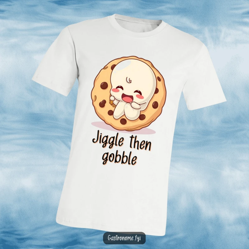 Funny wobbly jelly character taking a big bite out of a giant cookie, printed on a comfortable t-shirt, great gift.