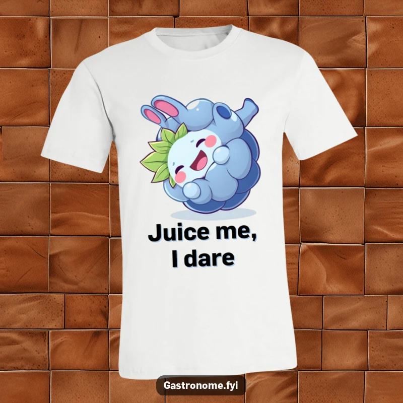 Funny giggling blueberry t-shirt, a whimsical fruit character performing a somersault, perfect for a playful and humorous look.