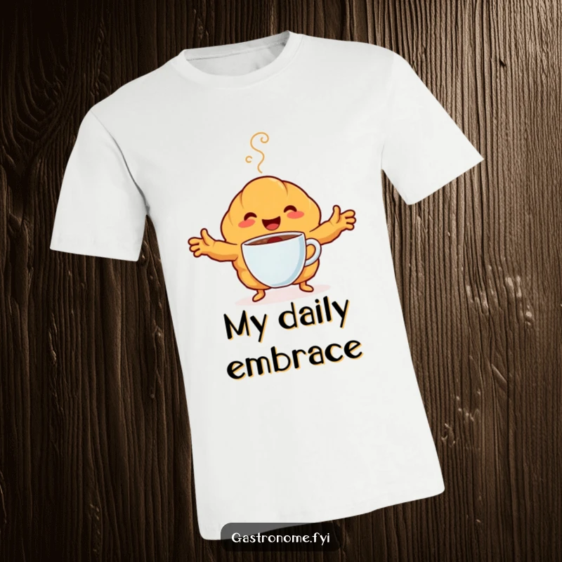 Funny T-Shirt depicting a happy croissant character with arms outstretched embracing a steaming coffee cup. Playful and humorous apparel.