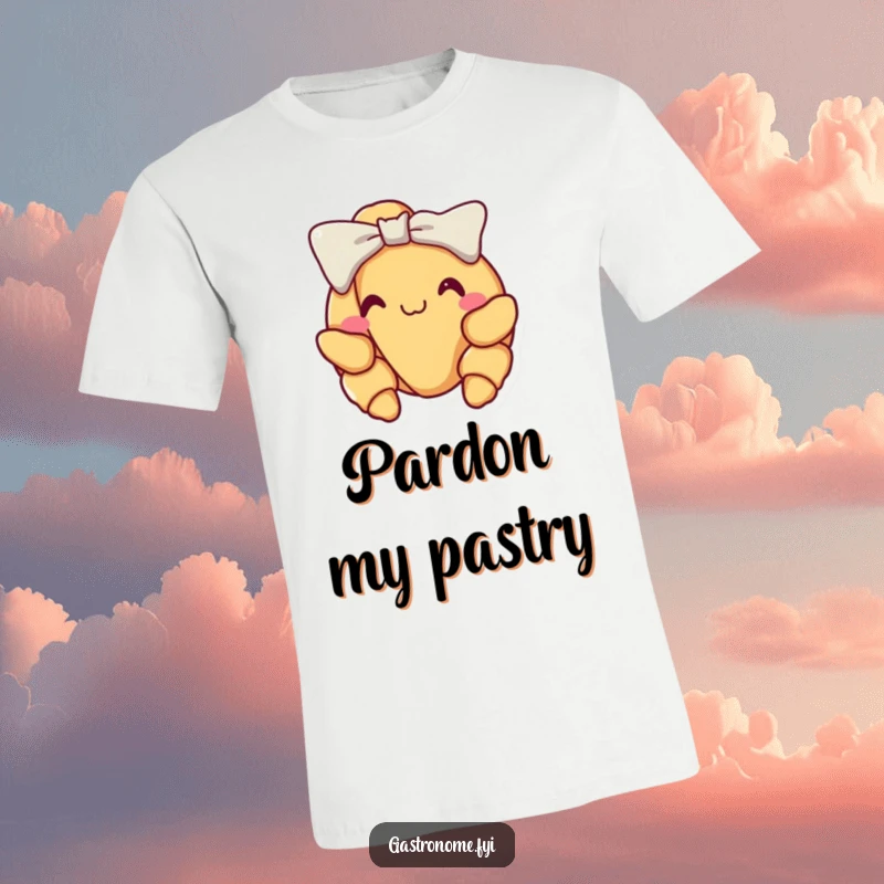 Funny croissant t-shirt, beaming with pride, taking an elegant little bow, celebrating the charm of French pastries with humor.
