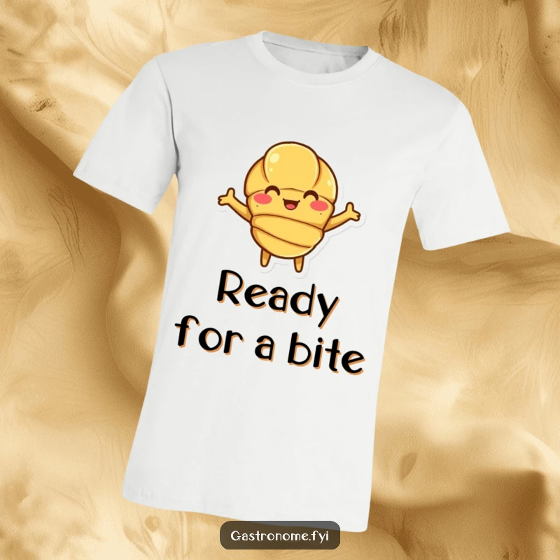 Funny Croissant T-Shirt showcasing a smiling croissant character with arms open wide, inviting a bite.