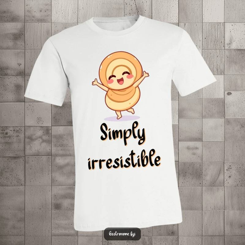 Funny overjoyed cinnamon roll t-shirt, a happy pastry character in a cheerful twirl, perfect for a sweet and humorous fashion statement.