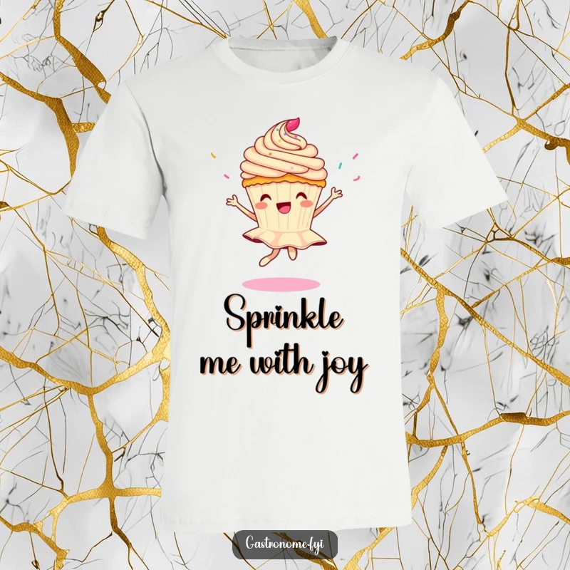 Funny t-shirt showing a happy cupcake character performing a pirouette with a cascade of sprinkles, capturing delightful movement.