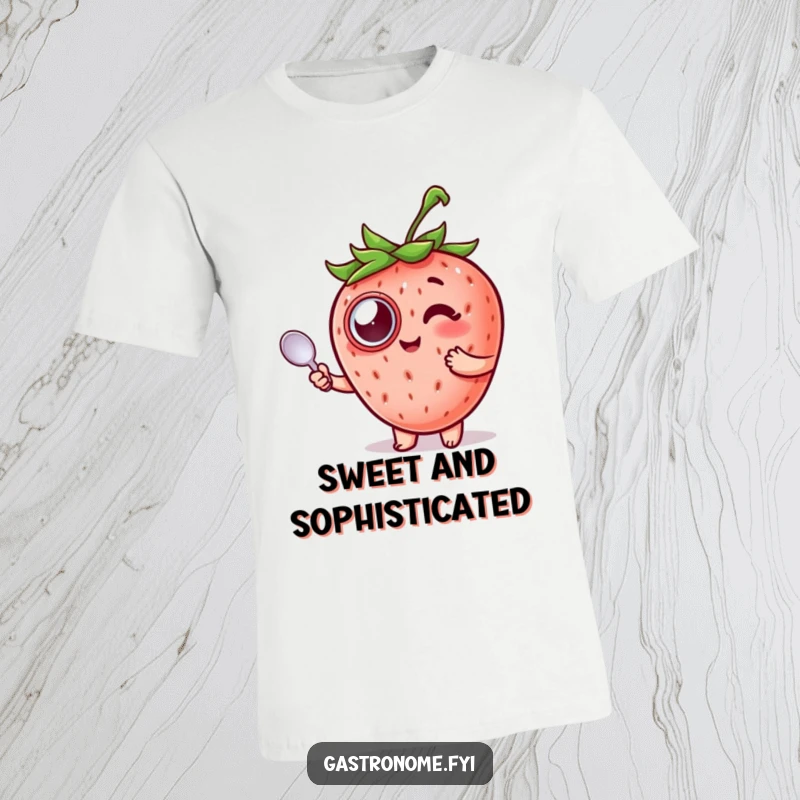 Funny Strawberry T-Shirt showcasing a delighted strawberry wearing a monocle and holding a spoon.
