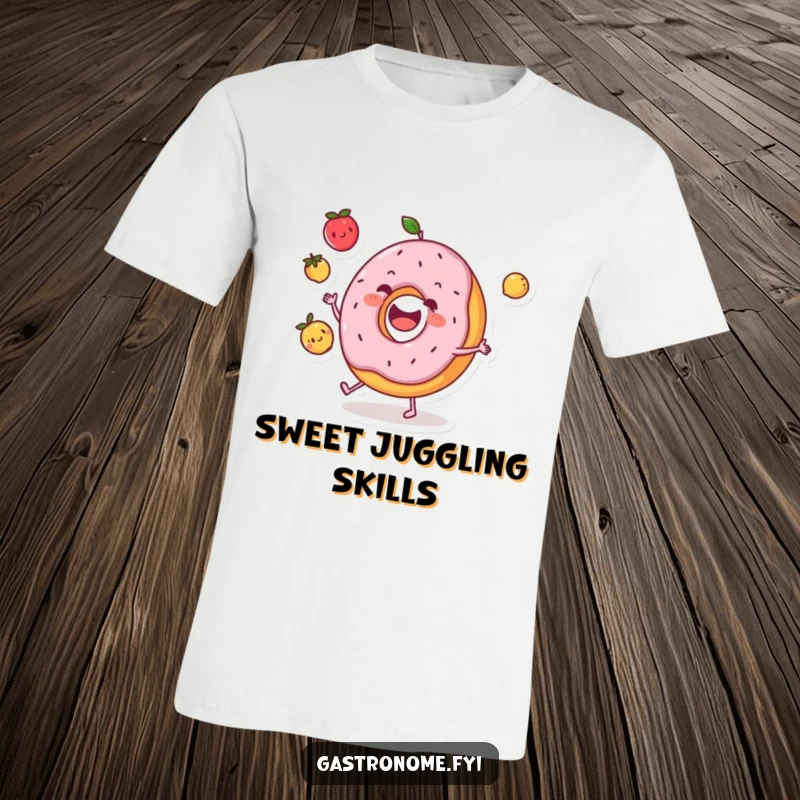 Funny donut character t-shirt happily juggling three tiny fruits, showcasing a playful and energetic foodie vibe.