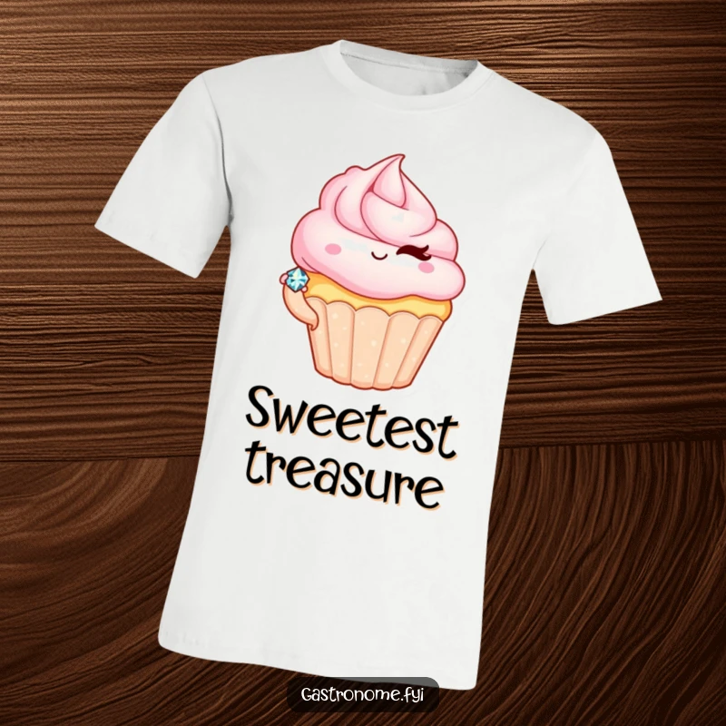 Funny t-shirt with a winking cupcake character holding a small, glittering jewel, perfect for dessert lovers and fashionistas.