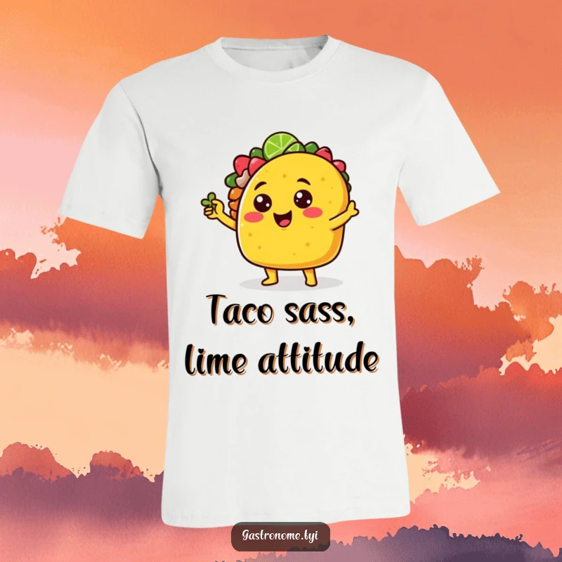 Funny cheerful taco character t-shirt striking a sassy pose with a tiny lime wedge, embodying bold Mexican flair.