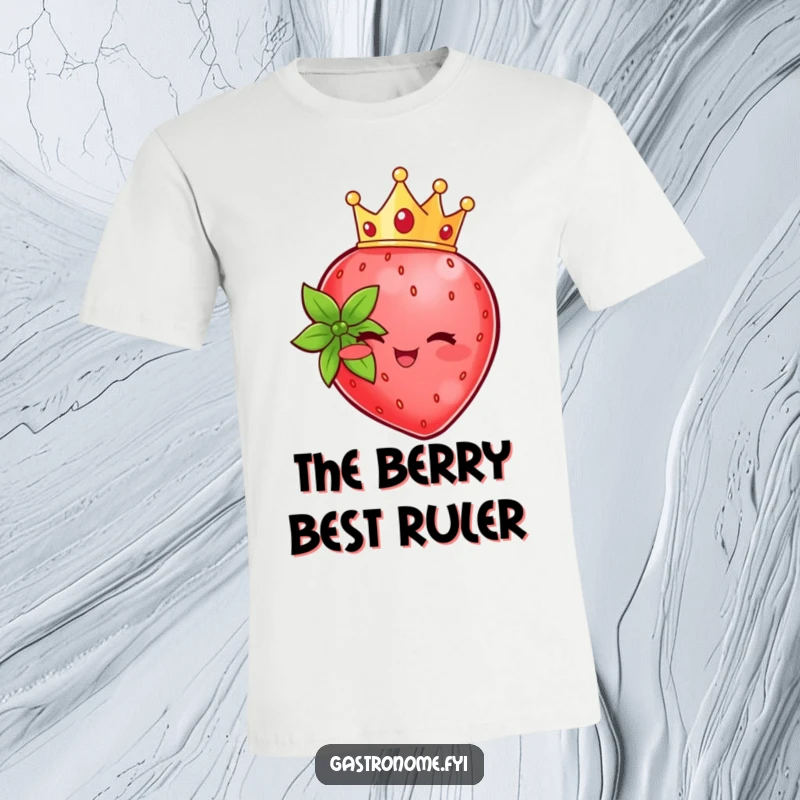 Funny strawberry character wearing a small crown, beaming with happiness on a t-shirt. Great for a cute gift.