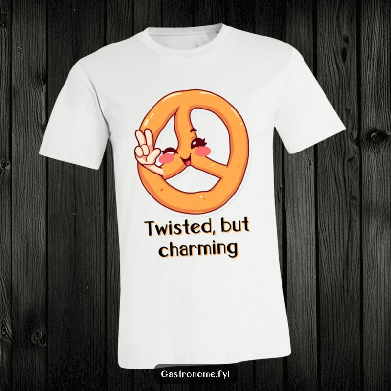 Funny t-shirt showcasing a winking pretzel character performing a stylish salute, radiating playful attitude and a love for baked goods.