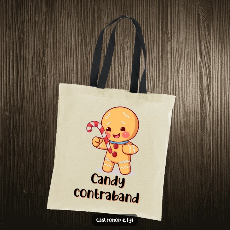 Funny tote bag featuring a mischievous gingerbread man character stealing a candy cane, great for carrying holiday items with a playful twist.